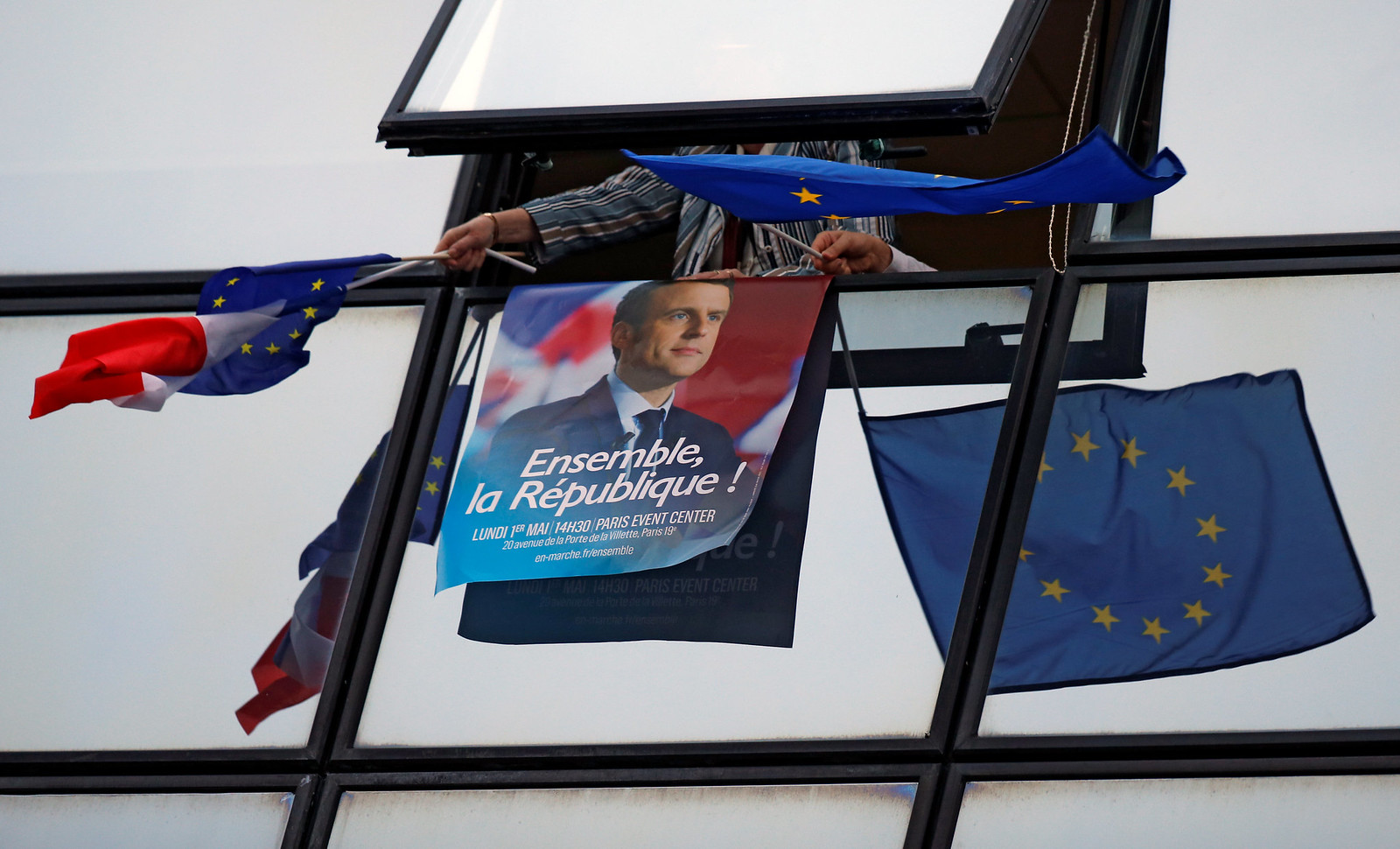 Poster of Macron and the French and EU flags
